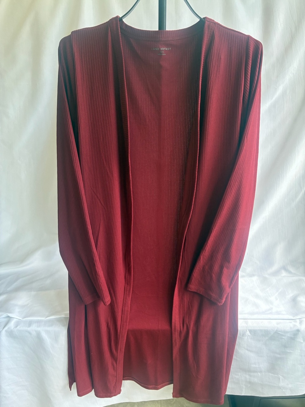 Lane Bryant Open-Front Ribbed Long Cardigan — Deep Wine Red 14/16